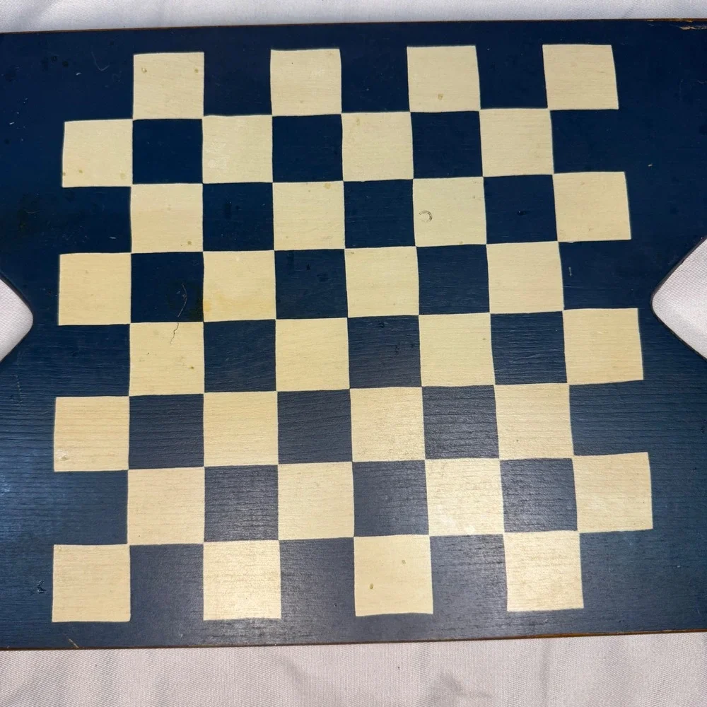 Vintage Wooden Checkerboard Serving Tray Heart Cutout Handles Navy granny core